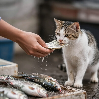 image of a hand offering money to a fishmonger cat, holding fish, 8k, ultra detailed, at the market