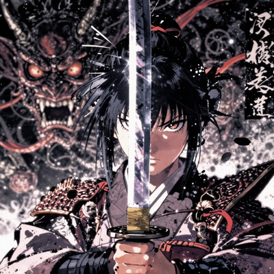 masterpiece, ultimate detailed, tiny finnest details, Fierce japanese female warrior is holding a reflective shiny (katana:1.3) in front of her face, (an ancient mythical Japanese demon is reflected in the katana blade:1.6), anime style ne0nfant4sy .