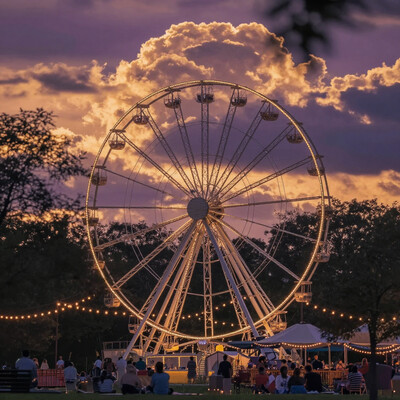 Photorealistic cinematic view of a giant illuminated Ferris wheel towering over a cozy park at sunset. The sky is packed with large, fluffy, voluminous clouds, soft and billowing, glowing with warm gold, orange, and purple hues that amplify the dramatic atmosphere. Warm fairy lights hoist the Ferris wheel, beautifully contrasting against the vibrant sky. Silhouettes of leafy trees frame the scene, while people gather peacefully under a canopy, softly lit by ambient evening light. Ultra-sharp detail, vivid color grading, HDR lighting, deep shadows, and a dreamy nostalgic mood, perfectly captured through a high-end DSLR camera High-key lighting Style