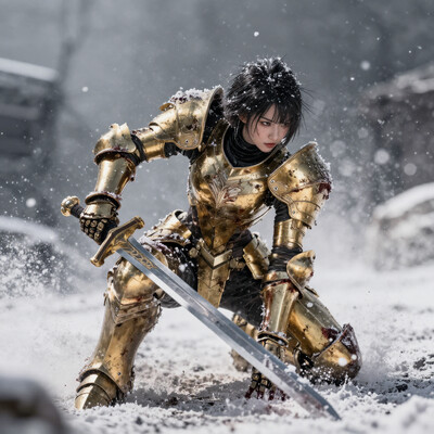 masterpiece, best quality, high quality, newest, highres, 8K, HDR, absurdres, dynamic angle, realistic, 1girl, solo, iLLRogalD40k, armor, gold armor, short hair, slicked back hair, kneeling, snow, holding a sword, dirty, bloody