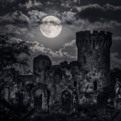 scenery, moon, outdoors, cloud, sky, ruins, full moon, building, night, castle, moonlight, tree, cloudy sky, architecture, tower, statue, hunter \(bloodborne\), ambiguous gender, no humans, arch, 1other, Circus