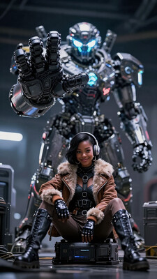 masterpiece, best quality, hangar, factory, neon, size difference, spotlight, dark theme, (portrait, close-up:1.2), (in palm:0.7), BREAK (mecha, humanoid:0.7), cupping hand, (armor:1.2), science-fiction, (portrait:1.4), glowing eyes, knight, facing viewer, visor, front view, foreshortening, (close-up:1.3), (hand up:1.1), (face focus:1.2), gauntlets, BREAK 1girl, solo, minigirl, sitting, bodysuit, chest harness, overskirt, full body, (brown skin:1.1), short hair, single earring, dark-skinned female, looking at viewer, pants, tomboy, knee boots, smirk, gloves, brown jacket, fur-trimmed jacket, headphones, hand between legs, smirk, black hair