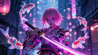 1girl, neon samurai, traditional-meets-futuristic kimono, glowing katana, sci-fi cityscape, holographic koi fish, rainy street, floating lanterns, atmospheric masterpiece, best quality, amazing quality, very aesthetic, absurdres, detailed eyes, newest, , CivChan, purple eyes, pink hair, pinkneoncybercore