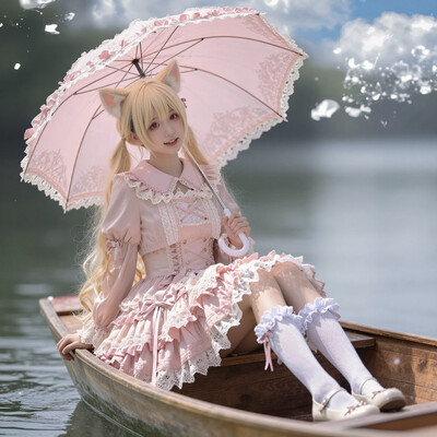 1girl, solo, lazypos, anime-style, detailed background, vibrant colors, delicate, dreamy, cinematic lighting, volumetric lighting, ray tracing, dramatic shadows, dappled sunlight, clouds, blue sky, kaela20, blonde hair, red eyes, long hair, smile, SWdress, cropped jacket, long sleeves, lace trim, frills, layered skirt, puffy dress, cross-laced dress, buttons, waist ribbon, pink dress, frilled dress, white socks, frilled socks, kneehighs, ribbon footwear, mary janes, cat ears, outdoors, lake, boat, sitting, holding umbrella, skirt, animal ears, socks, umbrella, watercraft, usnr10th \(instrument\), lace-trimmed sleeves, holding, sunlight, sky, dress, pink collar, frilled umbrella, lace-trimmed umbrella, A young girl sitting on a wooden boat in the middle of a lake. she is wearing a pink dress and has long blonde hair that is styled in loose waves. the girl is holding a large pink umbrella over her head, which is tilted slightly to the side. the overall mood of the image is peaceful and serene.