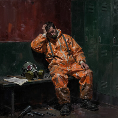 aesthetic 9, digital_media_(artwork), painting_(artwork), dark_theme, atmospheric, expressive brushstrokes. A tired worker sits in a dimly lit locker room, wearing half-removed orange hazmat pants with suspenders hanging loose. He rests his head in one hand, exhausted, while holding a burning cigarette in the other. On the desk beside him lies the heavy gas mask from his protective suit, its round red lenses faintly catching the light, surrounded by scattered tools, an ashtray, and papers. Industrial green lockers and dark red walls enclose the space, the muted lighting creating a claustrophobic mood. The entire image is painted with bold, expressive brush strokes, evoking a sense of post-apocalyptic fatigue and quiet despair.