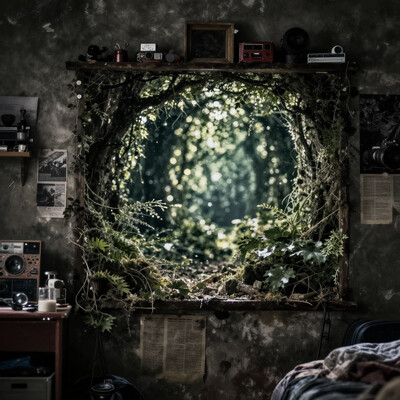 (Long focal length shot:1.7), longshot, a portal into a mythical forest on the wall of my small messy bedroom, telezoom photography, short depth of field, (800 mm focal length:1.5), telephoto lens image, bokeh, professional, 4k, highly detailed