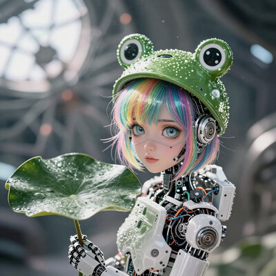 masterpiece, best quality, good quality, very aesthetic, absurdres, newest, 8K, depth of field, focused subject, dynamic angle, side view, from above, action shot, wabi sabi android woman, rainbow hair, glowing hair, cute simplistic frog hat, gazing at the viewer, clean visible face, clean white rectangular ceramic material and mechanical parts, their face mask is open, one eye has mechanical enhancements, servos, wires, exposed circuits, skin, holding giant green lillypad, (futuristic fractal shaped artemis station in background, window view), Sci-fi anime movie (style by George Shaw), shallow depth of field, vignette, (Fujicolor Superia X-TRA 400), (bioluminecent glow:0.8), in the style of cknc