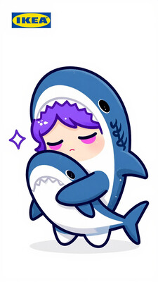 masterpiece, best quality, absurdres, simple background, white background, depresso, blue body, purple hair, black tail, pink eyes, solo, one eye closed, ikea shark, hugging ikea shark, chibi, standing, sparkle