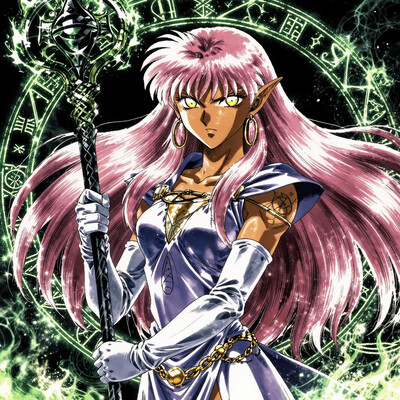 Detailed, vibrant, high contrast semi-realistic 90s dark fantasy anime. A dark elf soreceress with golden brown skin, glittering yellow eyes and long flowing light pink hair. Her expression is serious and determined other holds her carved ebony magical staff in front of her. She is wearing a silk robe. The robe is sleeveless and is fixed by gold clasps on her shoulders and a gold chain around her waist. She has long elf ears pierced with large hoop earrings. Her hands and forearms are covered in white elbow-length gloves. Her body is adorned with jewelry bearing esotheric symbols and runes. The scene is set against a dark void lit by a shining green fire magical circle bearing mysterious glyphs.
