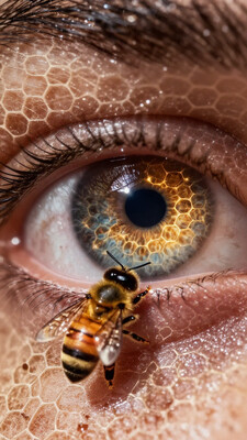 Illustrate a surrealist, macro-level close-up of a human eye with a perfectly formed honeycomb pattern fused into the iris, where the hexagonal cells appear to extend inward like a tunnel of light and order, each chamber subtly pulsing with golden illumination. The pupil rests at the center of this hive tunnel, a dark portal surrounded by symmetry and structure, suggesting a balance between organic instinct and intelligent design. The skin surrounding the eye is covered in a biomimetic mesh resembling beehive architecture—hexagonal tessellations that stretch like scales across the lid, brow, and upper cheek, blending seamlessly with natural skin tones. A single honeybee lands delicately on the lower eyelid, its tiny wings catching the ambient light, its fine legs gently touching the boundary between the hive eye and human skin as though delivering a secret. The bee is captured in perfect anatomical realism, its eyes reflecting the honeycomb pattern it seems drawn to. The eyelashes curve like antennae, slightly iridescent at the tips, creating a unified aesthetic between insect and human. Lighting should be dramatic but intimate—highlights glinting off the wet iris surface, shadows forming between the skin’s honeycomb ridges, and a subtle lens flare in the reflection of the bee’s eye. The concept should convey the union of nature and consciousness, where the eye becomes the central organ of the hive—a visual metaphor for collective intelligence, ecological awareness, and the quiet, powerful intelligence of pollinators in a shared biosphere. Let the entire composition radiate reverence for the elegance of bees, the miracle of vision, and the hidden geometries of nature woven into the human form.