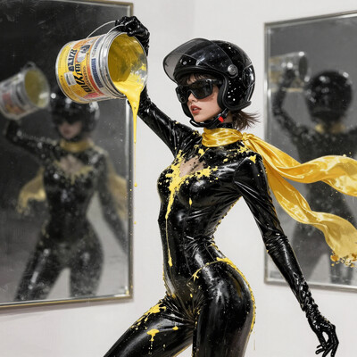 concept art Girl in black thin, oily latex, black motorcycle helmet, black glass on helmet, pours a bucket of yellow paint on himself, paint dripping down his body, yellow silk long scarf, sexy, dynamics. Black mirrors in the background, reflections. aidmaMJ6.1 . digital artwork, illustrative, painterly, matte painting, highly detailed