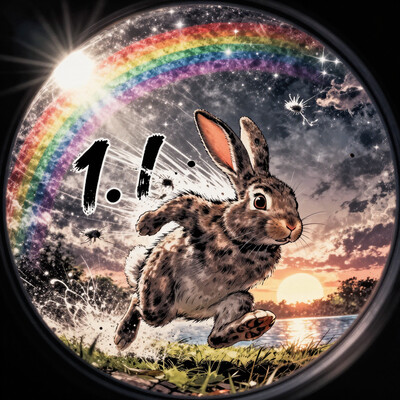 comic (rabbit) is (running:1.05) to the viewer whilst Moulting, , (dynamic:1.1), sun rays, , (taken by 7.5mm fisheye lens:1.1) (looking to the right) = With a rainbow nebula background elements . Epic dynamic lighting .(2. Serene Lakeside Sunset) = = ((Vivid, HDR, Canon50, 8K, Hyper Realistic, Dramatic, Epic, Dynamic Contrast, Cinematic Lighting)) (((Zoomed Out, Far away Shot))) = ((Vivid, Epic, Dynamic contrast)) (((Zoomed out, Far away shot, In frame)), By art germ . graphic illustration, comic art, graphic novel art, vibrant, highly detailed