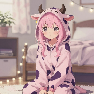 girl, solo, (hair: medium length pastel pink + straight with soft inward tips + side bangs framing face), (eyes: large grayish brown + calm neutral gaze), (expression: relaxed subtle pout), (pose: sitting on knees with body slightly angled forward), medium breast, (clothes: pastel pink cow-pattern onesie with purple spots + hood up with small black and brown cow horns + pink ears + yellow ear tags), (background: cozy feminine bedroom+ wooden furniture + soft fairy lights + patterned curtains + potted plants + warm ambient glow from bedside lamp), soft pastel palette, gentle shading, cozy and cute atmosphere, anime watercolor illustration style 748cmstyle