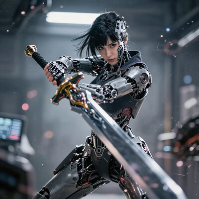 masterpiece, best quality, good quality, very aesthetic, absurdres, newest, 8K, depth of field, focused subject, Wabi-sabi (woman:0.3) assassin with (cyborg face parts), cyborg cybernetic enhancements, looking at the viewer, wielding an (enormous sci-fi sword) with mechanical parts at the viewer, (action pose, action shot ), action camera effects, intricate detailed, epic quality, profile picture, mechanical, background is a cyborg lab she is trying to escape from. manga, in the style of cknc