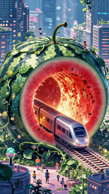 pingtu style, illustration-fen, litizhuyi_bb, gongbigete_bb, Blue_idealism_bb, shanhaiyaojing_bb, litizhuyi_bb, In a vibrant, futuristic city nestled within a gigantic, hollowed-out watermelon, tiny inhabitants bustle about, surrounded by lush green vines and iridescent, glowing accents, as a sleek, silver train hurtles through a tunnel carved into the fruit's crimson flesh, radiating warm, golden light.