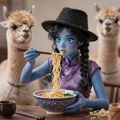 masterpiece, best quality, amazing quality, very aesthetic, absurdres, newest, detailed background, 8k, dynamic angle, alpacaxd, 1girl, chopsticks, noodles, solo, food, black hair, braid, qing guanmao, jiangshi, ramen, hat, twin braids, eating, long hair, blue eyes, ofuda, chinese clothes, bowl, colored skin