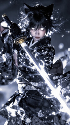 masterpiece, best quality, good quality, very aesthetic, absurdres, newest, 8K, depth of field, yae miko, glowing eyes, black gloves, skirt, closed mouth, kimono, holding sword, glowing katana, energy, serious, solo, , 4ur4_illu, shiny, , , dynamic pose, foreshortening, extreme perspective, , , , usnr, dynamic pose, dynamic view, dutch angle, profile, from side, portrait, , Catgirlstyle