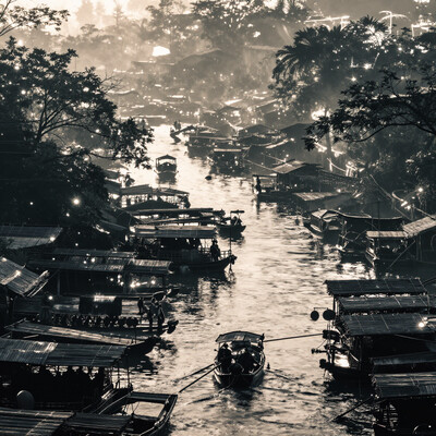 Floating market on Venus at dawn, masterpiece, fantasy, digital art, highly detailed, overall detail, atmospheric lighting, Awash in a haze of light leaks reminiscent of film photography, awesome background, highly detailed styling, studio photo, intricate details, highly detailed, cinematic