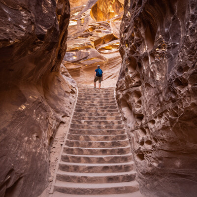 Miles into a canyon of shimmering sandstone, the explorer stands at the foot of a monumental staircase. But these steps are not made by hands â each is a fossilized wave, a curve of time hardened into geometry. The stairs spiral skyward for kilometers, vanishing into golden clouds. With every step she climbs, the wind shifts direction, whispering in unknown dialects. Legends say the summit grants the memory of all things lost. The light changes here too, refracting like through stained glass, giving everything a dreamlike hue. As she begins to ascend, sheâs already forgetting where she came from.