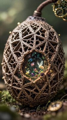 Seed pod, intricate geometric patterns carved into its surface, miniature world revealed within the pod's crevices and hollows, captured in extreme close-up, side lighting emphasizing textures and depth, bathed in soft morning light filtering through a lush garden setting, utilizing depth of field and focus peaking to highlight minute details and create a sense of scale, add tiny, luminescent fairy-like creatures inhabiting the miniature world, with faint bioluminescent trails indicating their movements, evoking a sense of wonder and enchantment, inspired by the works of Ernst Haeckel, incorporating a hint of steampunk aesthetics with delicate, brass-like accents on the seed pod's structure and surrounding flora, rendered in a photorealistic style with high resolution and rich, vibrant colors, captured using a macro lens for ultimate detail., best_of