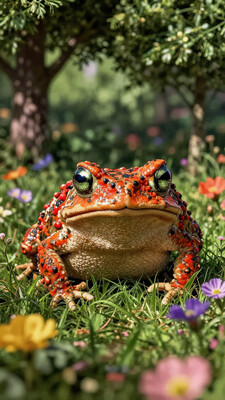 Full body illustration of ultra realistic very detailed cute orange red toad with big green very detailed dreamy cosmic eyes hiding in a very realistic very detailed colorful field of flowers in a realistic very detailed meadow, realistic very detailed grass, realistic very detailed trees, highest contrast, masterpiece, 32k, high contrast, vibrant colors, vivid colors, high resolution textures, crisp colors, ultra sharp, sharp focus