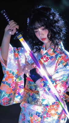 A young woman with shoulder-length wavy black hair is shown from the torso up, holding a glowing katana in front of her. She is wearing a traditional kimono that is white with iridescent, vibrant floral patterns in shades of pink, orange, blue, and green. The katana has a glowing, rainbow-colored blade, with the hilt held firmly in both her hands. Her right hand, visible and ungloved, grips the handle near the bottom, while her left hand, wearing a black glove, is placed near the guard. Her expression is calm, her gaze lowered. The kimono drapes softly over her form, and colorful, ethereal flowers seem to emerge from the fabric. The background is dark and minimal, which contrasts sharply with the vibrant light coming from the sword and the glowing floral patterns on her clothing. The lighting emphasizes the soft glow of the sword and flowers, creating a magical, serene atmosphere. The perspective is a close-up shot focusing on the upper half of her body, highlighting the intricate details of her kimono and the vibrant, colorful light effects. drkfnts style