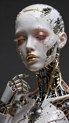 mechanical parts, solo, damaged, android, science fiction, cable, , 1girl, cyborg, portrait, , , bald, robot, black sclera, cyberpunk, gold pupils, white skin, gold, wires, , gold lips, cyberpunk, single tear, expressionless, crying with eyes open, colored eyelashes, , , masterwork, masterpiece, best quality, detailed, depth of field, realistic, ultra-HD, (impressionism:1.5), high detail, best quality, very aesthetic, 8k, , , , photorealistic, , , (cheekbones:0.75), adult, aged up, dynamic pose, depth of field, dynamic angle
