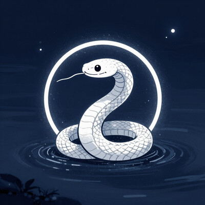 aidmayearofthesnake, white round snake inside of civitaiLogo floating above sea during night