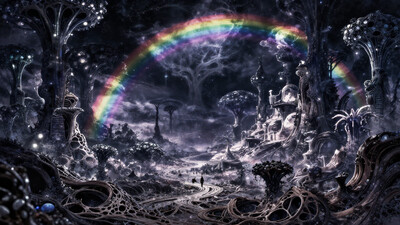 Dark Fantasy Art, ethereal fantasy concept art of landscape, landscape creator, rainbow light, traveler between worlds, chromatic aberrations, halo, , Petrified wood badlands where silica-infused cellular preservation document geological history, an ancient bioluminescent forest, with weathered plants, fascinating structures, a sense of history, dawn, , summer, , extremely detailed, , , magnificent, celestial, ethereal, painterly, epic, majestic, magical, fantasy art, cover art, dreamy, dark, moody, dark fantasy style, Realistic anime art style, combines anime aesthetics with lifelike details, detailed character designs, intricate backgrounds, immersive storytelling