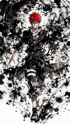 InkSplash, splatter ink, 1boy, solo, male focus, red hair, sandals, teeth, might guy \(naruto\), fire, full body, aura, red eyes, spiked hair, pants, jacket, belt, outstretched arms, clenched teeth, scar, long sleeves, looking at viewer, , InkSplash, splatter ink, masterpiece, best quality, ultra-high resolution, exquisite ink brushwork, dynamic and fluid ink strokes, cinematic ink wash aesthetics, highly detailed brush textures, expressive and spontaneous ink flow, fine-grained paper texture integration, masterful balance of bold and delicate strokes, deep atmospheric ink diffusion, controlled ink splashes for dramatic effect, refined tonal layering for depth, intricate shading with natural ink wash, seamless blending of wet and dry brush techniques, calligraphic precision in linework, flowing fabric with ink-splattered motion, ultra-detailed character features with artistic stylization, striking and elegant poses, composition with sweeping ink dynamics, rich and immersive artistic atmosphere, ink-diffused lighting for soft yet striking contrast, expressive silhouette dynamics, harmonious balance of black, white, and gray tones, handcrafted stroke realism, fine ink gradients for emotional depth, meticulously layered ink textures, AAA-level traditional ink artistry, painterly elegance with cinematic impact., black_background, noir_vesper