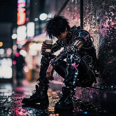 depresso, time travel, holding coffee, , hdr, 8k, absurdres, shiny, outdoors, reflection, blurry, blurry background, tokyo lights, tokyo street, neon lights, cyberpunk, high-contrast lighting, intricate details, vibrant colors, reflective surfaces, futuristic urban environment, glowing neon signs, cybernetic enhancements, punk aesthetic, dynamic pose, dynamic composition, depth of field, dark_theme, detailed backgroud, foreshortening, blurry edges, vignetting, , , BREAK [highres, hi res, newest, latest, masterpiece, best quality:0.15]