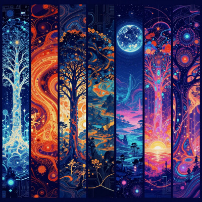 A digital cyberpunk art splash in the style of bo-cyborgsplash, a vibrant and mystical landscape depicted in a series of vertical banners, each featuring a different color palette, the first banner on the left shows a glowing tree with intricate patterns, the second banner features a swirling orange and red design, the third banner features an abstract landscape with a tree in the center, the fourth banner showcases a glowing blue planet in the sky, the fifth banner showcases an otherworldly landscape with distant mountains, the sixth panel showcases a distant landscape with trees and distant structures, the seventh panel showcases an ocean scene, the eighth panel features a mystical tree with vibrant colors, the ninth panel displays a stunning sunset landscape, the final panel features an ethereal landscape with glowing elements, the overall effect is a mesmerizing and captivating image that exudes a sense of otherworldly beauty