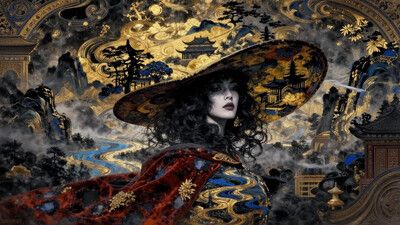breathtaking detailed, masterpiece, absurdres, awe-inspiring, best quality, vibrant colors, velvet rust, painterly coal, majestic woman with coal black hair, wearing a wide lacquered hat painted with swirling golden landscapes and traditional temple silhouettes, BREAK, (baroque-inspired cloak), flowing into a painterly collage of misty mountains and blue-gold rivers, BREAK, thick brush textures around architectural motifs, soft Rembrandt lighting across her serene face, fragments of patina and gilded brushwork layered into the design, ornamental harmony between nature and geometry, BREAK, ornate, dreamlike, quietly regal, artistic realism
