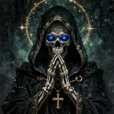 This is a highly detailed digital illustration in a dark, gothic style. The central figure is a skeletal hand with bony fingers, adorned with several golden rings and a large, ornate cross necklace. The hand is clasped together in a prayer-like position, with the fingers slightly parted, revealing a sharp, pointed bone at the center. The hand is shrouded in a dark, hooded cloak, which drapes over the skeletal hand, casting a shadow over the figure. The hood is edged with intricate, golden embroidery, adding a touch of elegance to the otherwise macabre scene. The background is a muted, teal-green color with faint, abstract patterns that suggest a textured, aged parchment or stone wall. Above the figure, a large, golden halo surrounds the head, with small, glowing stars within it, suggesting a celestial or divine presence. The skull's eyes are glowing, a deep, intense blue, with a menacing, almost supernatural glow. The overall color palette is dominated by dark shades of blue, green, and gold, creating a dramatic, eerie atmosphere. The textures are highly detailed, with a focus on the smooth, polished metal of the rings and the rough, bony texture of the hand. The image combines elements of horror and mysticism, , , , detailmaximizer, midjourneyv6.1, ultra quality, ultra detailed