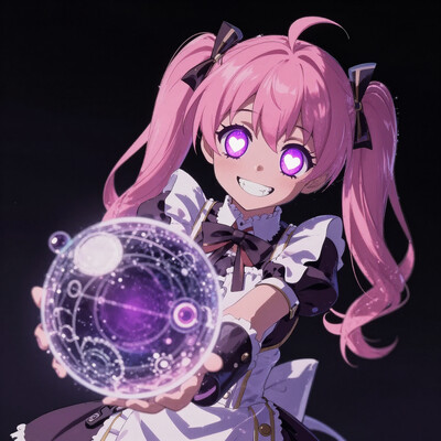 1girl, solo, civchan, medium_hair, pink hair, looking_at_viewer, smile, bangs, anime, simple_background, black background, twintails, purple_eyes, boots, maid, teeth, grin, glowing, glowing_eyes, dutch angle, (pout:0.9), heart-shaped pupils, [crazy eyes], cg, masterpiece, 8k, holding technological orb, meme, comic