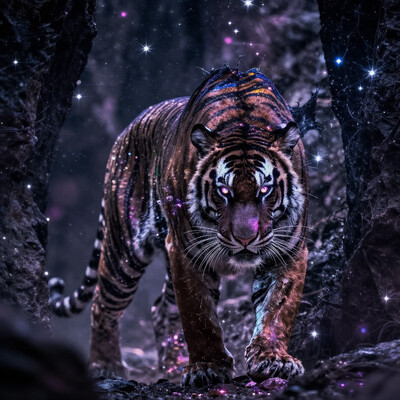 masterpiece, nv-celestialskin, colored skin, void cosmic body, stars, black skin, chromatic aberration, giant tiger, in a canyon, from below, dutch angle, monster, glowing eyes, animal focus, dissolving