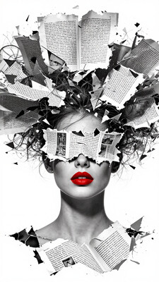 aesthetic 9, digital_media_(artwork), collage, surreal, conceptual, mixed_media. A grayscale portrait of a woman with bold red lips, her eyes obscured by an abstract visor made of torn paper. From her head bursts a chaotic explosion of ripped book pages, arranged like wild hair spreading outward in jagged fragments. The overlapping text fragments form a crown of words, symbolizing thoughts, memory, and imagination. The background is minimalist white, emphasizing the stark contrast between the monochrome portrait and the textured paper composition. The style is surreal and modern, blending fine art collage with expressive symbolism.