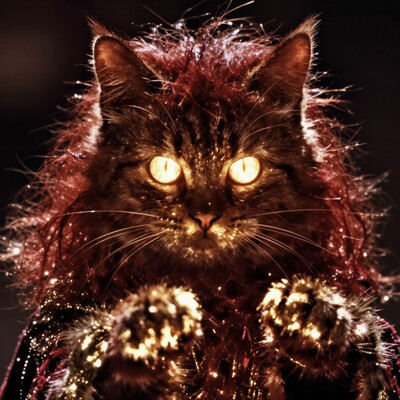 A luminous texture of a red hair stylized cat, glowing in the warm glow of its brightened eyes. With golden paws reaching out to grasp and fur-lined clothing coverings â all caught gracefully within striking detail and beautiful details - reminiscent entirely oracular., Film grain, cinematic film still, highly detailed, high budget, cinemascope, moody, epic, OverallDetail, gorgeous, 2000s vintage RAW photo, photorealistic, candid camera, color graded cinematic, eye catchlights, atmospheric lighting, imperfections, natural, shallow dof