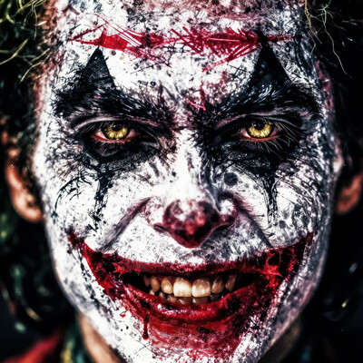 bo-neon, ArcaneFGTNR, a highly detailed digital artwork depicting a close-up of a person's face, likely a clown or clown, with a striking and intense expression, the subject's face is predominantly white, with bold, black and red graffiti-like patterns covering the entire surface, including horizontal and vertical lines, creating a chaotic yet striking design, the graffiti is predominantly black with gold accents, adding a sense of chaos and intensity, the person's eyes are large and expressive, with golden irises that stand out against the stark white background, their lips are full and slightly parted, revealing sharp, white teeth with a vivid red interior, dripping with blood, the texture of the graffiti appears rough and uneven, with some areas appearing darker than others, the background is a solid black, ensuring that the focus remains on the subject, the overall style of the artwork is highly stylized and hyper-realistic, with meticulous attention to detail and texture, making it a captivating and provocative piece of art, high quality, ultra detailed, colorful, grainy, cyberpunk fantasy