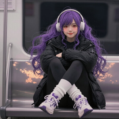embedding:lazypos, 1girl, subway, sitting, black jacket, puffer jacket, white socks, high socks, black leggings, dynamic pose, white headphones, medium breasts, purple hair, red eyes, long hair, wavy hair, crossed arms, dim lighting, white and purple sneakers, banned artist, looking at viewer, crossed legs, sexy, light smile, sunset, clouds, blushing
