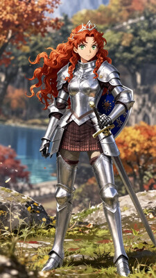 Anime art, Full-length, gorgeous fantasy redhead, naturally curly long ginger hair, tiara, tight silver armor, standing on a hill. Full breasts, tight waist, round thighs, green eyes, no blush. Backdrop of fantasy highlands in fall, bright autumn colors, lakes and wooded areas, braided hairstyle, diffused lighting, determined facial expression, intricate armor details. Shield on back, sword in scabbard on hip.