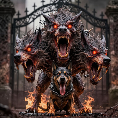 Creature, Hell's creature, 3 heads, high detail skin, high detail eyes, high detail hair, highres, ultra detailed, sharpen picture, Highly detailed, masterpiece, best quality, photorealistic, keeping hell's gate, gate background, gate:(iron), open mouth, no humans, teeth, sharp teeth, fangs, glowing, glowing eyes, fire, animal, claws, dog, monster, tongue, collar, spikes, red eyes, chain, 3 heads, spiked collar, wolf, tail