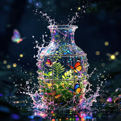 kai, FluxDFaeTasticDetails, dynamic splashes, bright colors, high contrast, dark background, vivid lighting, A beautiful transparent vase made out of glass, acting like a greenhouse, with plant and butterly, in a forest by the lake, light painting in the background, fireflies, faeries, bokeh, depth of field, kai, FluxDFaeTasticDetails, dynamic splashes, bright colors, high contrast, dark background, vivid lighting, A beautiful transparent vase made out of glass, acting like a greenhouse, with plant and butterly, in a forest by the lake, light painting in the background, fireflies, faeries, bokeh, depth of field, sfw