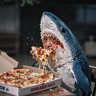 embedding:IllusP0s, (g00se) side view, solo, blahaj, shark, (((surprised))), holding pizza, cheese on face, ((messy eating)), night, looking at viewer, marinara sauce on face, holding pizza, embarrassed, looking over shoulder