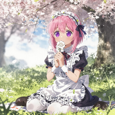 embedding:lazympos, 1girl, solo, CivChan, pink hair, purple eyes, heart eyes, shy, embarassed, holding flower, looking at viewer, maid outfit, grass field, leafy ruffles, spring picnic setting with blooming flowers and a sunny sky, charming and wholesome style