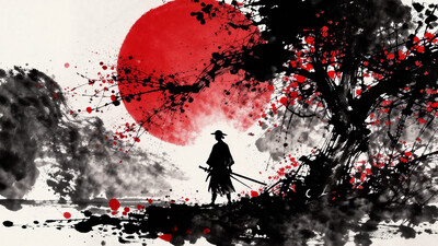 Silhouette of a samurai, serene and resolute, positioned amidst a vibrant, stylized landscape. Large, crimson sun dominates the upper portion, contrasted with ink-wash washes of black and gray, evoking a traditional Japanese ink painting style. The samurai is depicted in a traditional Japanese warrior garb, with a simple black hat. He holds a pair of swords, and walks in a determined, steady manner across a stylized watery surface marked with splattered crimson and black. A large stylized tree with red blossoms dominates the mid-ground, its branches extending towards the crimson sun. The overall composition utilizes negative spaces effectively, creating a sense of vastness and tranquility. The color palette consists of intense crimson, deep black, gray, and hints of white. The painterly texture is prominent, with loose brush strokes that give a sense of movement. The overall atmosphere is quiet, profound, and steeped in a sense of Japanese cultural aesthetic. Splatter and stain art style, Japanese ink painting, , , , HKMagic