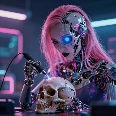 masterpiece, best quality, good quality, very aesthetic, absurdres, newest, 8K, depth of field, focused subject, A half-body shot of a beautiful cyborg girl in her futuristic workshop. She has neon pink hair cascading down her shoulders, contrasting sharply with her black lipstick. The top of her face, from under the nose to the forehead, is removed like a mask, revealing a detailed mechanical skull underneath. With intense focus, she uses a glowing soldering iron to carefully repair the cracks on a detached skull, which rests in her other hand. Her exposed robotic eye glows a brilliant blue, illuminating the intricate cybernetic components beneath the skull. The workshop is cluttered with futuristic tools, wires, and neon-lit gadgets, all bathed in vibrant cyberpunk hue, electric pinks, deep blues, and fluorescent greens. The neon light reflects off her sleek metallic parts, casting dynamic shadows, while the scene radiates a blend of gritty industrial and high-tech futurism. The art style is highly detailed, in the vein of futurist anime, capturing the beauty of the cyborg girl and the mechanical complexity of her exposed skull, in the style of cknc