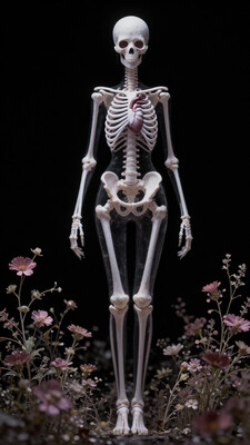 masterpiece, best quality, Good quality, very aesthetic, absurdres, newest, 1girl, solo, simple_background, standing, flower, thigh_gap, black_background, monster_girl, 1other, x-ray, dark_background, ribs, skeleton, bone, skinny, surreal, spine, heart_\(organ\), cocktail dress