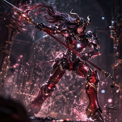 masterpiece, best quality, high quality, newest, highres, 8K, HDR, absurdres, dynamic angle, realistic, 1girl, IronW40k, power armor, long hair, horns, weapon, glowing eyes, dark fantasy, holding spear, floating, ethereal aura, red and black color scheme, armored gauntlets, golden ornaments, looking at viewer, battle stance, supernatural energy, shadowy background, gothic architecture, dynamic pose, dramatic lighting, detailed background, depth of field, dynamic composition, foreshortening, detailed background, dynamic pose, dynamic composition, dutch angle, detailed backgroud, foreshortening, blurry edges