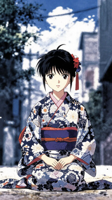 anime, niji, anime source, cinematic composition, sky, dof, perfectly focused, Peter Doig, Nan Goldin, fantasy, creature in a kimono sits in the middle of the street, Tokyo, close up, hyper detailed, intricate, poster, artstation